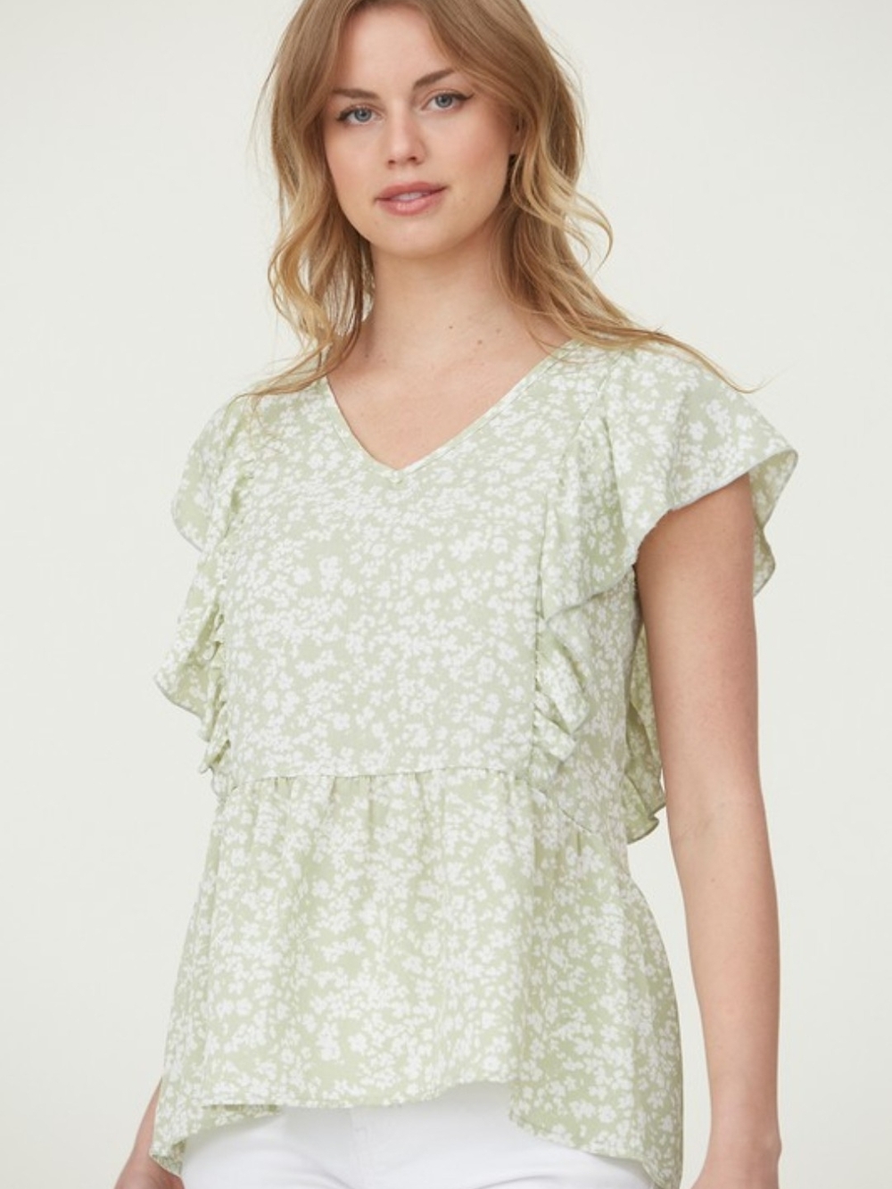 Women's Light Sage Green Floral Ruffle Blpuse
